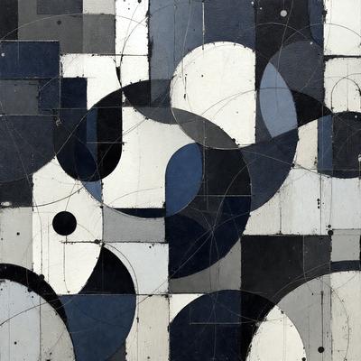 The primary subject of the image is a large, colorful painting featuring a variety of shapes and patterns. The painting is displayed on a wall, which serves as the setting. The visual style of the painting is a mix of digital art and illustration, creating a unique and vibrant atmosphere. The dominant colors in the painting are blue, black, and white, which contribute to the overall mood of the artwork.